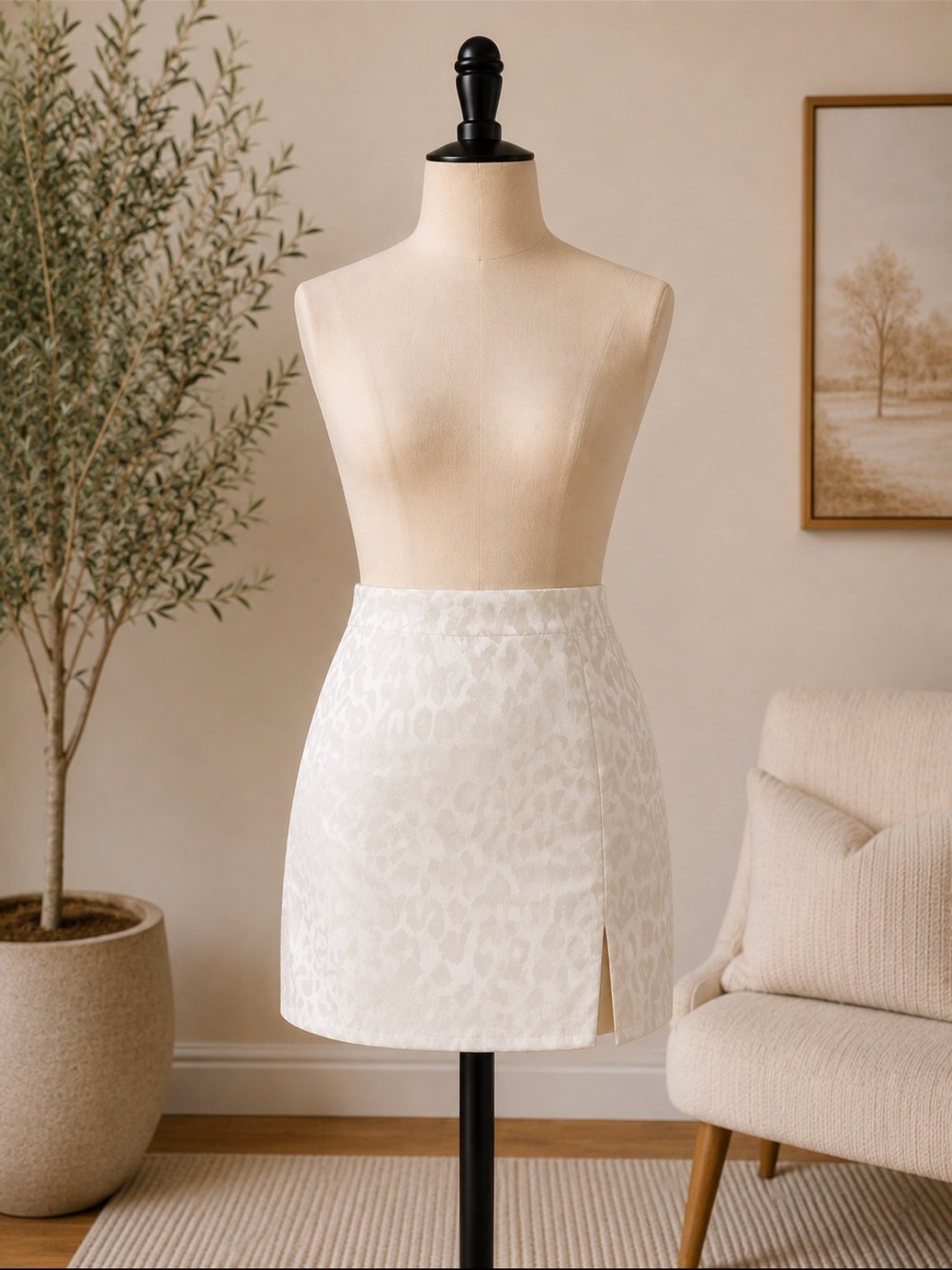White Mini Silk Skirt with Subtle Leopard Print